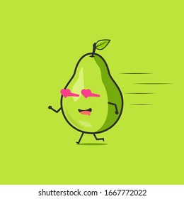 Funny cute pear character. Vector flat pear cartoon character falling in love. Isolated on green background. Pear fruit concept