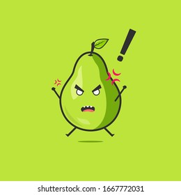 Funny cute pear character. Vector flat pear cartoon character feeling angry. Isolated on green background. Pear fruit concept