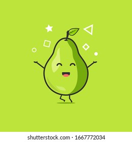 Funny cute pear character. Vector flat pear cartoon character feeling happy and jumping. Isolated on green background. Pear fruit concept