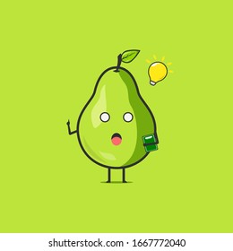 Funny cute pear character. Vector flat pear cartoon character get an idea. Isolated on green background. Pear fruit concept
