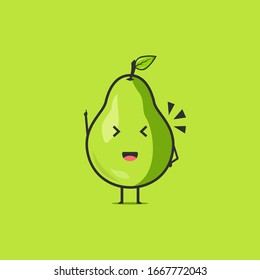 Funny cute pear character. Vector flat pear cartoon character feeling great, hands up. Isolated on green background. Pear fruit concept