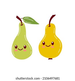 Funny cute pear character. Vector flat pear cartoon kids happy character. Pear fruit concept illustration isolated on green background. 