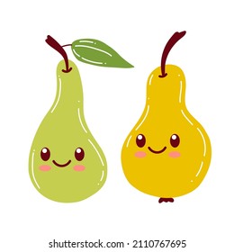 Hübscher süßer Birnencharakter. Vektorflache Birnenkartoon Kinder glücklichen Charakter. Birnenfrucht-Concept-Illustration einzeln auf grünem Hintergrund. 