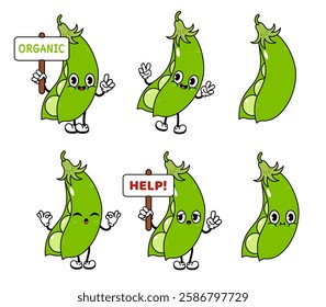 Funny cute Peas characters bundle set. Vector hand drawn doodle style traditional cartoon vintage, retro character illustration design. Isolated white background. Happy Peas