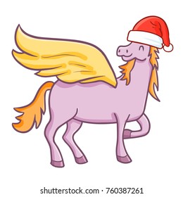 Funny and cute pegasus wearing Santa's hat for Christmas and smiling - vector.