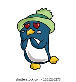 Hübsches, süßes Pinguin-Gesicht in einem Hut, der Lächelt. Vektor-Kindergrafik auf weißem, isoliertem Hintergrund für Banner, Postkarten und Aufkleber.