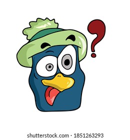 Funny cute penguin face in a hat stuck out his tongue and a question mark.Vector children's illustration on a white isolated background for banners, postcards and stickers.