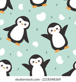 Funny cute penguin flying with hearts, kids fabric and textile pastel mint green print.