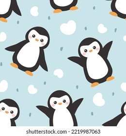 Funny cute penguin flying with hearts and dots, kids fabric and textile pastel blue baby boy and girl print.