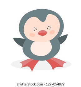 Funny cute penguin. Happy character with white and black fur. Polar character. Isolated flat vector illustration
