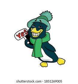 Funny cute penguin in a hat holding a sign with the text Yes.Vector children's illustration on a white isolated background for banners, postcards and stickers
