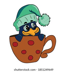 Funny cute penguin in a hat looks out of a mug.Vector children's illustration on a white isolated background for banners, postcards and stickers.