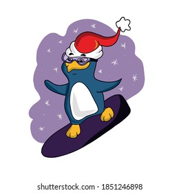 Funny cute penguin in a hat on the server.Vector children's illustration on a white isolated background for banners, postcards and stickers.