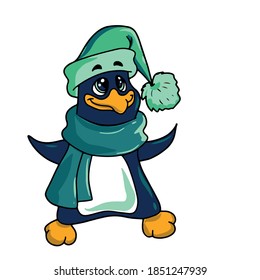 Funny cute penguin in a hat and scarf .Vector children's illustration on a white isolated background for banners, postcards and stickers.