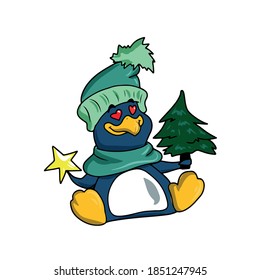 Funny cute penguin in a hat and scarf with a Christmas tree and a star.Vector children's illustration on a white isolated background for banners, postcards and stickers.