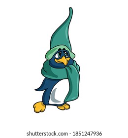 Funny cute penguin in a hat and scarf.Vector children's illustration on a white isolated background for banners, postcards and stickers.