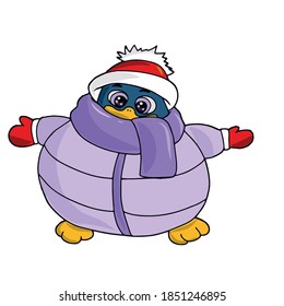 Funny cute penguin in a hat and a warm jacket .Vector children's illustration on a white isolated background for banners, postcards and stickers.