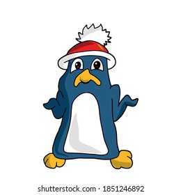 Funny cute penguin in a hat who knows nothing .Vector children's illustration on a white isolated background for banners, postcards and stickers.