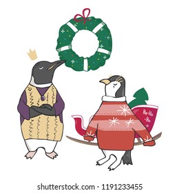 Funny and cute penguins saw Christmas Tree. Merry Christmas and Happy New year card. Christmas card in cartoon style. Vector illustration.