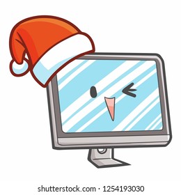 Funny and cute personal computer with smiling monitor and wearing Santa's hat for christmas - vector