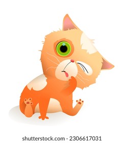 Funny cute pet cat cleaning and licking paw. Adorable kitten illustration for kids. Domestic animal vector clip art graphics for children