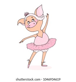 Funny cute pig is in a beautiful dress and pointe shoes dancing ballet. Can be used for postcards, invitations, prints for clothes, emblems of the ballet school. Cartoon style.
