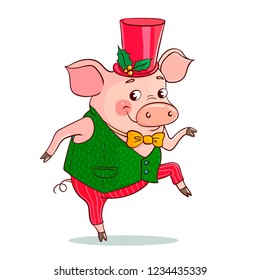 Funny cute pig is dancing. The pig is dressed in a vest and a bow tie, a tall hat decorated with a Christmas flower. Excellent vector illustration for the design of the new year, sales, postcards.