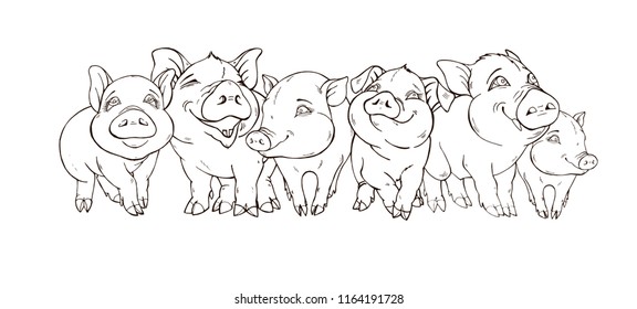 Funny cute pigs, friendly company of pigs, vector illustration