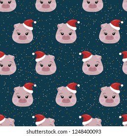 Funny and cute pig's head. Merry Christmas and Happy new year vector illustration on marine background with snowflakes.