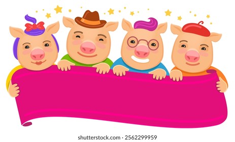 Funny cute pigs piglets holding congratulatory banner poster. Vector illustration for children party holiday