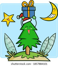 Funny and cute pine tree character holding chirstmas present