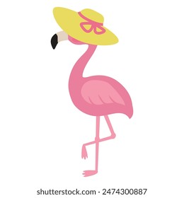 Funny and cute pink flamingo in beach hat flat vector cartoon illustration