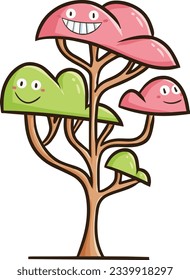 Funny and cute pink green tree cartoon character