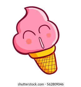 Funny and cute pink ice cream smiling happily - vector.