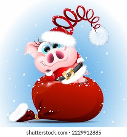 Funny cute pink pig girl in Santa Claus costume laying on the Santa bag under snowfall. Christmas concept.