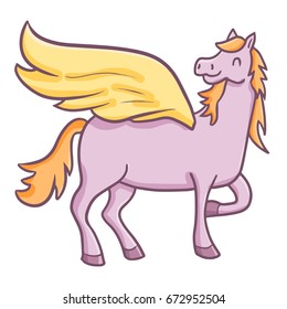 Funny and cute pink purple pegasus smiling happily - vector.