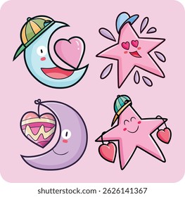 Funny and cute pink star and moon with heart cartoon character illustration set