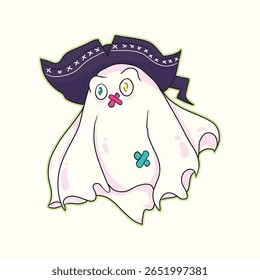 Funny cute pirate ghost cartoon character illustration with hat and colorful patches perfect for Halloween party decorations invitations apparel prints stickers and other creative spooky designs