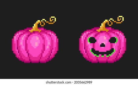Funny cute pixel art pink pumpkin jack lantern. 8 bit game style retro icon for halloween. Vector.