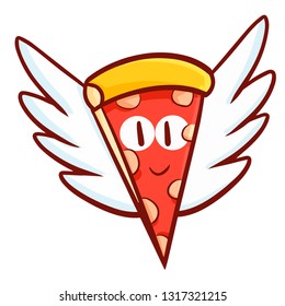 Funny and cute pizza flying happily with wing - vector