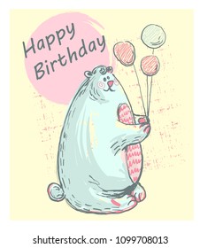Funny cute polar bear with HAPPY BIRTHDAY, pink cheeks holding balloons for prints, cards, invitations, t-shirt design, kids apparel