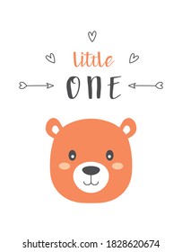 funny cute polar bear and lettering little one isolated on white background in scandinavian nordic style, childish print for kids apparel, poster, postcard, vector Illustration, simple flat design