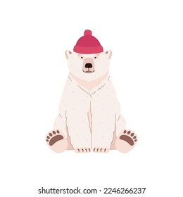 Funny cute polar bear in warm red hat, flat cartoon vector illustration isolated on white background. White sitting polar bear for Christmas and winter holidays prints.