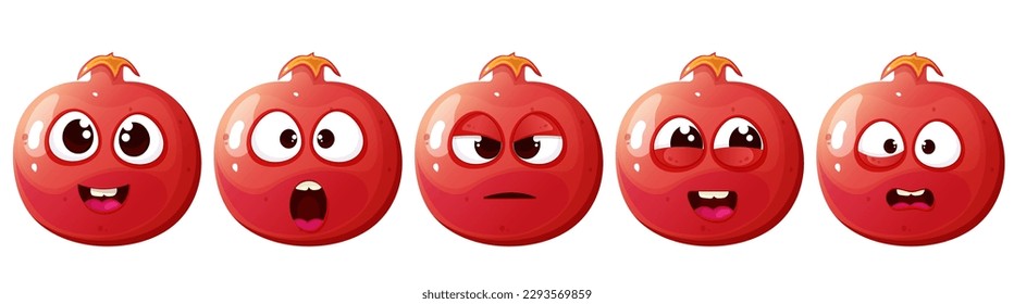 Funny cute pomegranate character set with different emotion face.