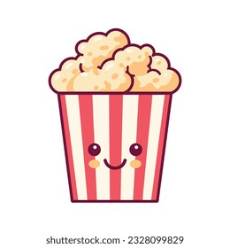 Funny cute popcorn with eyes. bucket full of popcorn for cinema snack food concept in vector icon