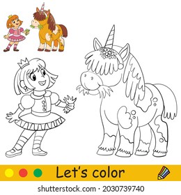 Funny cute princess with a unicorn. Halloween concept. Coloring book page for children with colorful template. Vector cartoon illustration. For print, preschool education and game