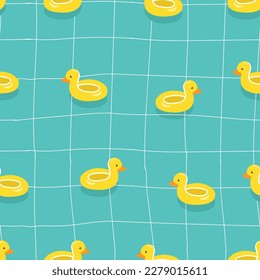 Funny cute print with vector yellow ducks in the swimming pool. Lovely seamless print on turquoise blue background. Kids style simple endless art. Rubber duck animals repeated.