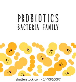 Funny and cute probiotics bacteria family cartoon characters isolated on white, gut and intestinal flora, germs, virus, set of good microbes in flat style for banner, presentation, package design etc