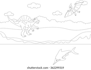 Funny cute pterodactyl, ichthyosaur and spinosaurus. Educational game for kids. Coloring book. Vector illustration