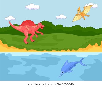 Funny cute pterodactyl, ichthyosaur and spinosaurus. Educational game for kids. Vector illustration